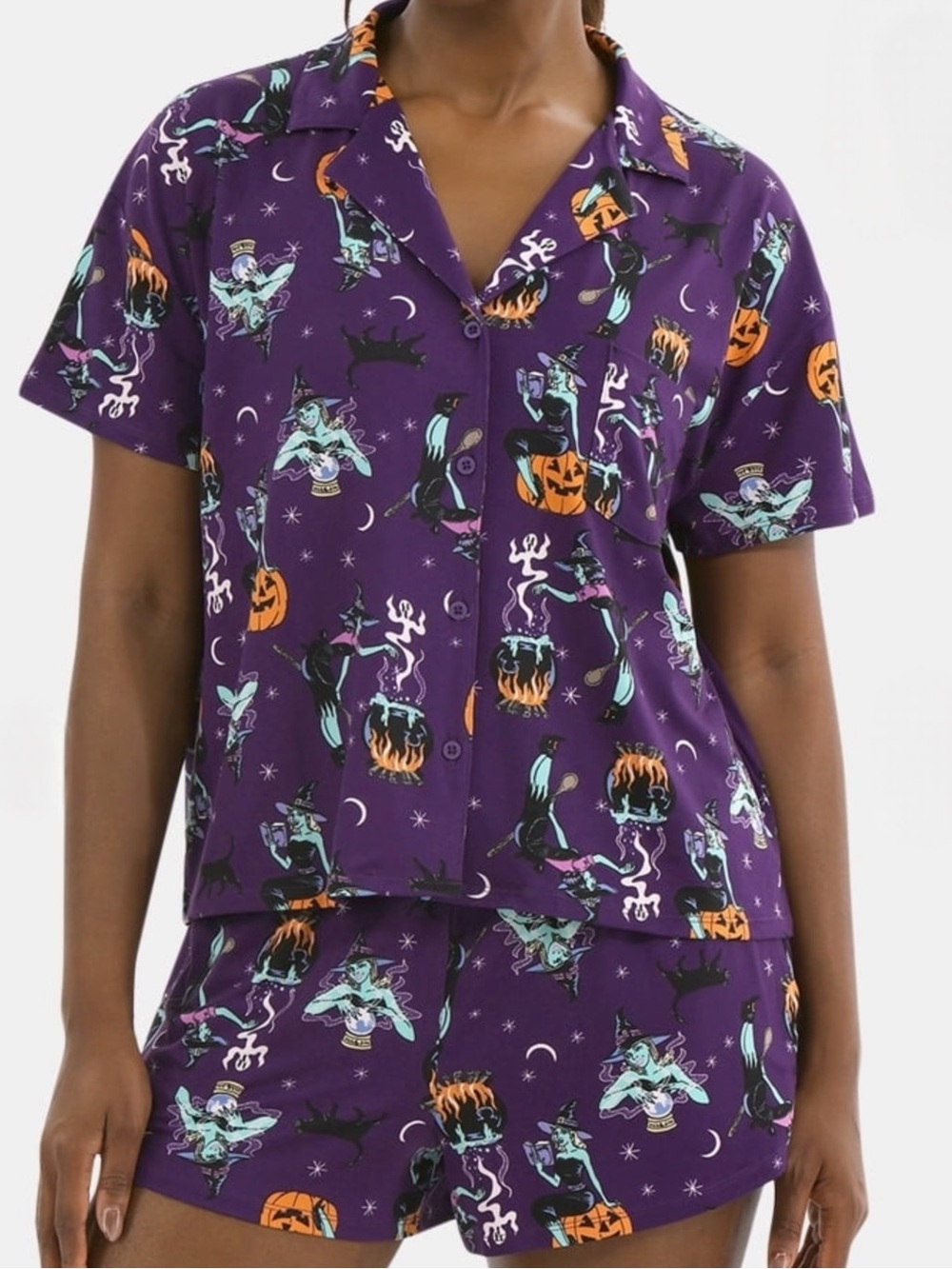 . Way To Celebrate Halloween Purple Witch Printed Button Up Shirt & Shorts Set - Picture 2 of 10